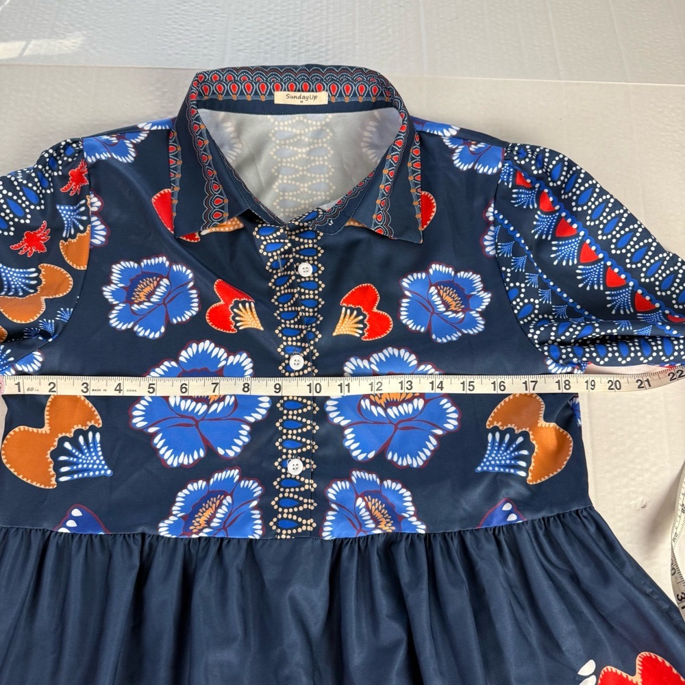 Sunday Up Dress Womens Size Medium Blue Red Bohemian Maxi Tiered Floral Collar - Picture 9 of 10